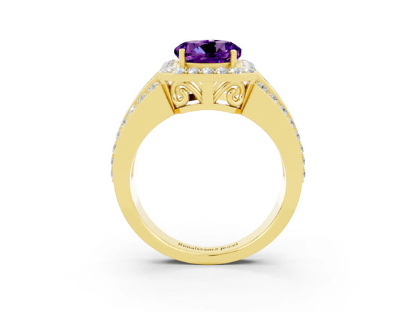 Yellow gold Round Cut Halo Amethyst Ring with Round  Split Shank and Prong Setting