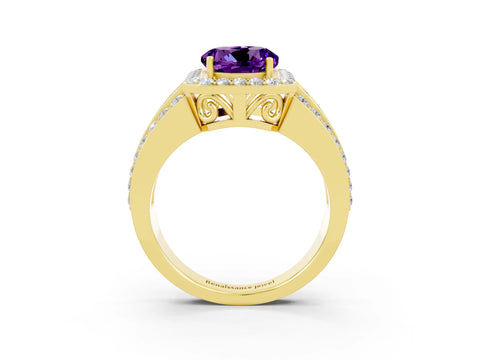 Yellow gold Round Cut Halo Amethyst Ring with Split Shank and Four-Prong Setting_3