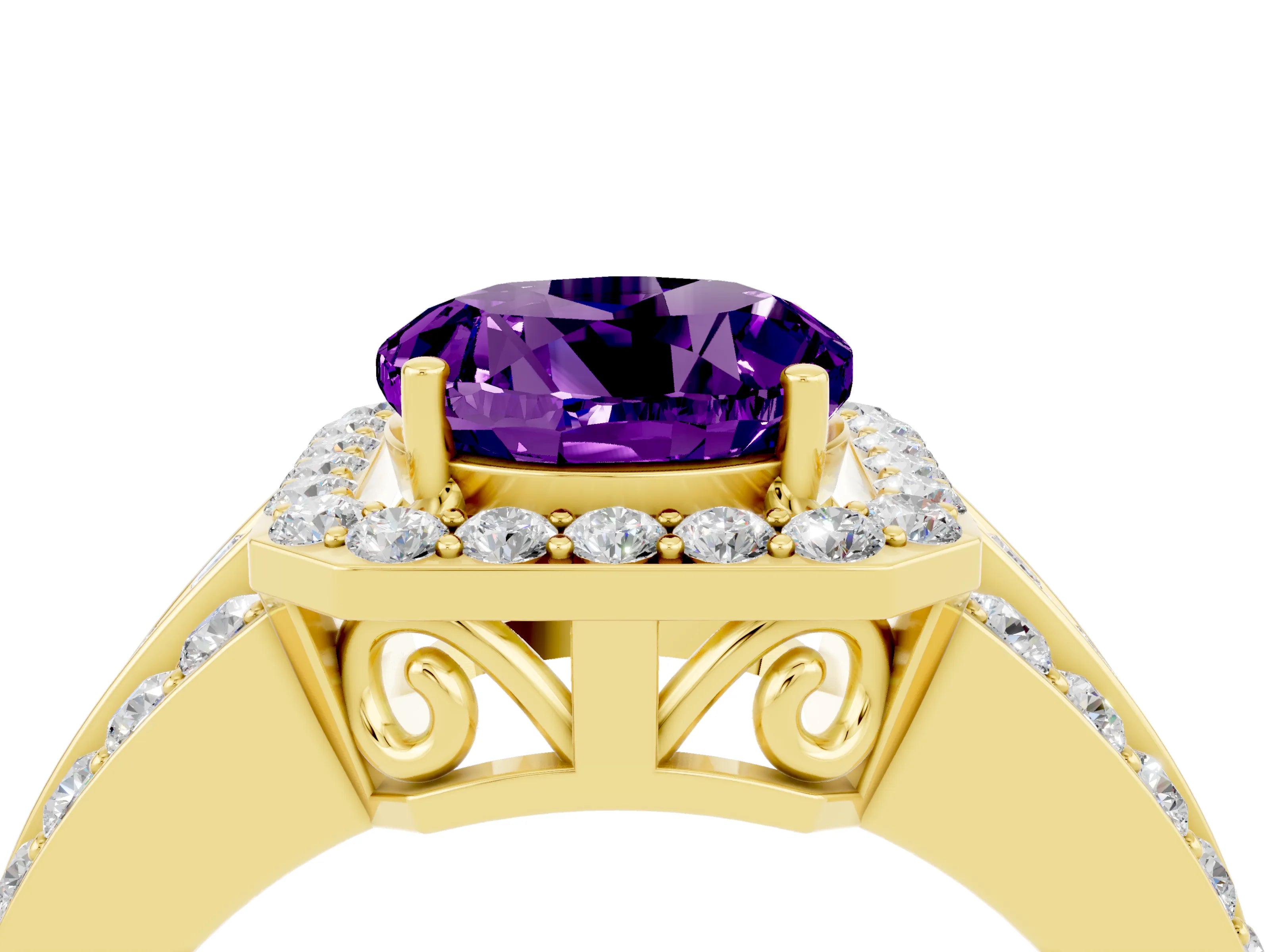 Yellow gold Round Cut Halo Amethyst Ring with Split Shank and Four-Prong Setting_4