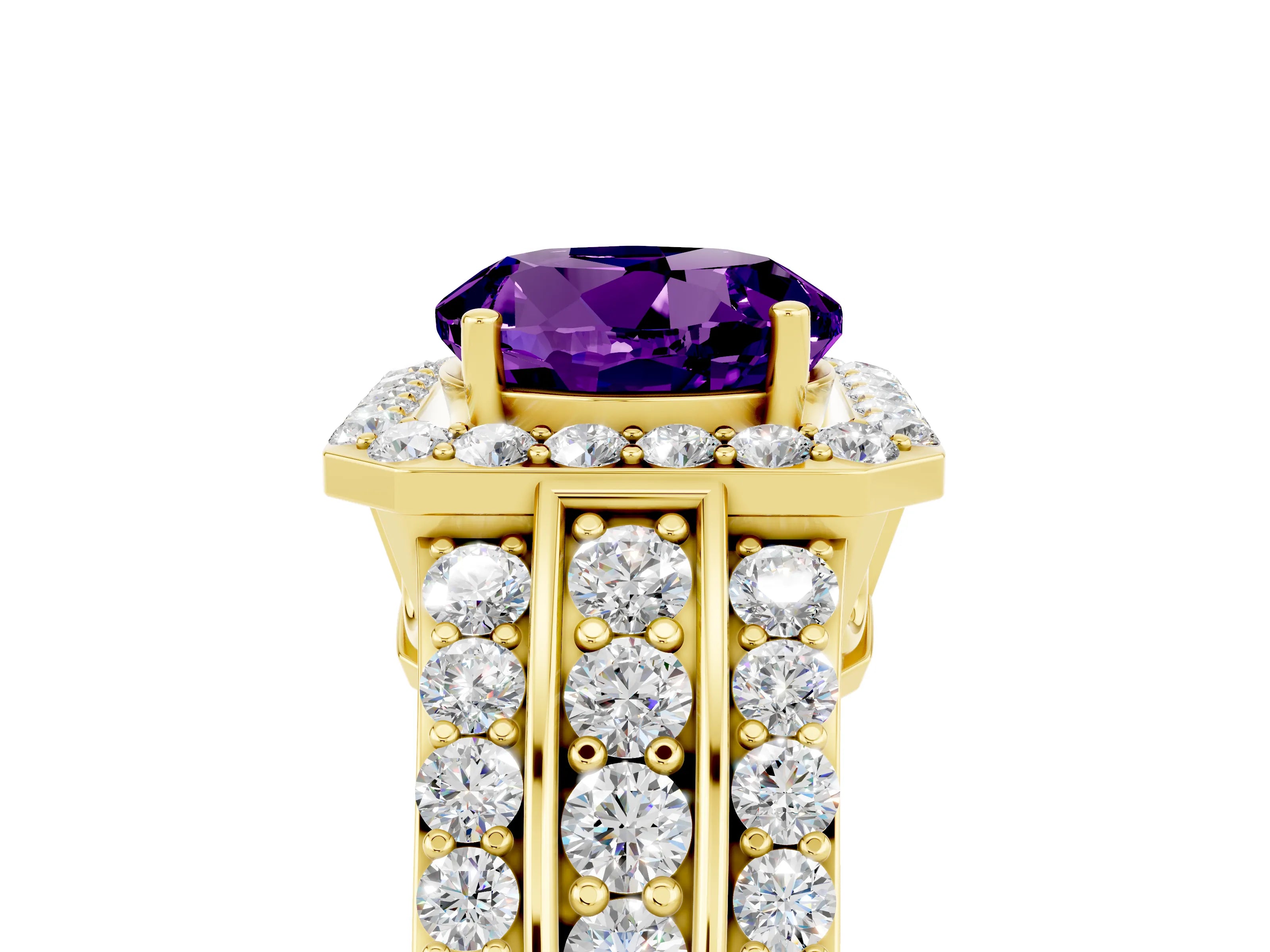 Yellow gold Round Cut Halo Amethyst Ring with Split Shank and Four-Prong Setting_5
