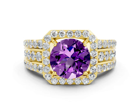 Yellow gold Round Cut Halo Amethyst Ring with Split Shank and Four-Prong Setting