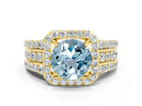Yellow gold Round Cut Halo Aquamarine Ring with Split Shank and Four-Prong Setting