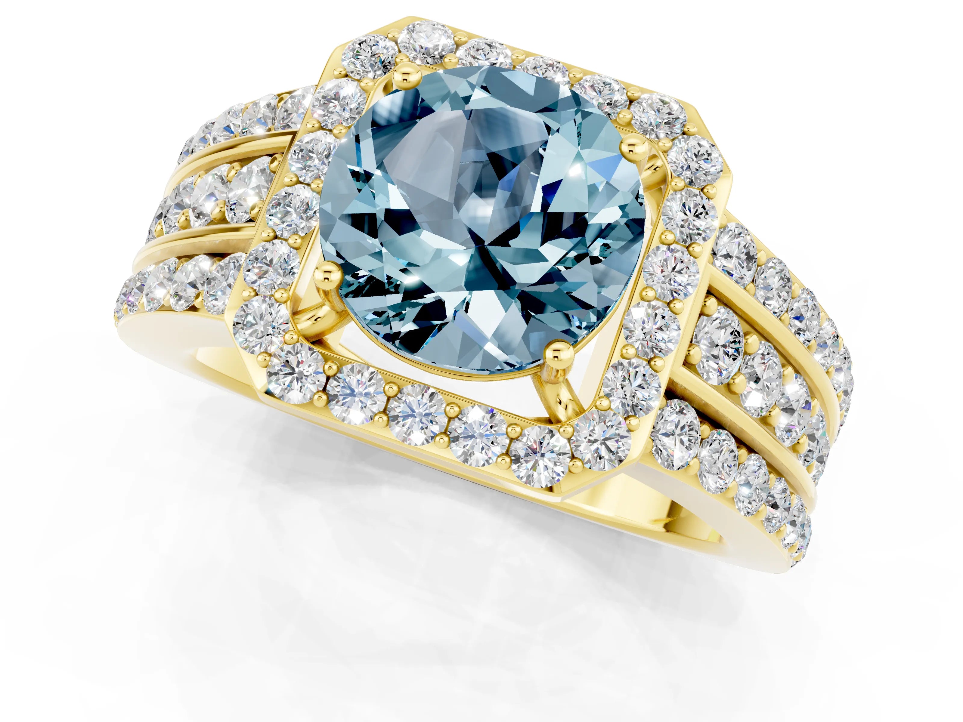 Yellow gold Round Cut Halo Aquamarine Ring with Split Shank and Four-Prong Setting_1