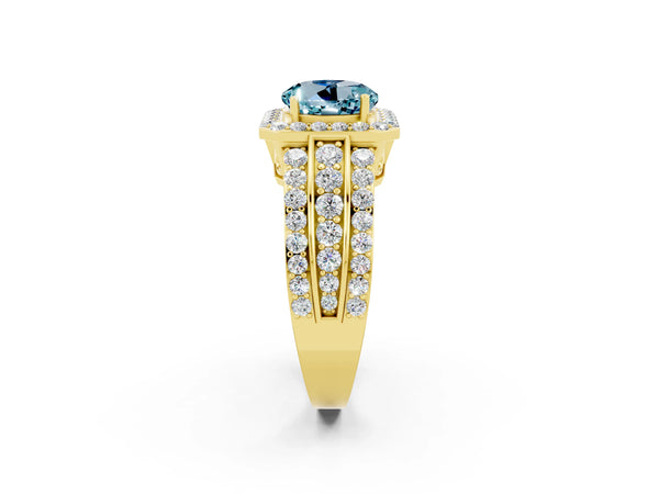 Yellow gold Round Cut Halo Aquamarine Ring with Round  Split Shank and Prong Setting