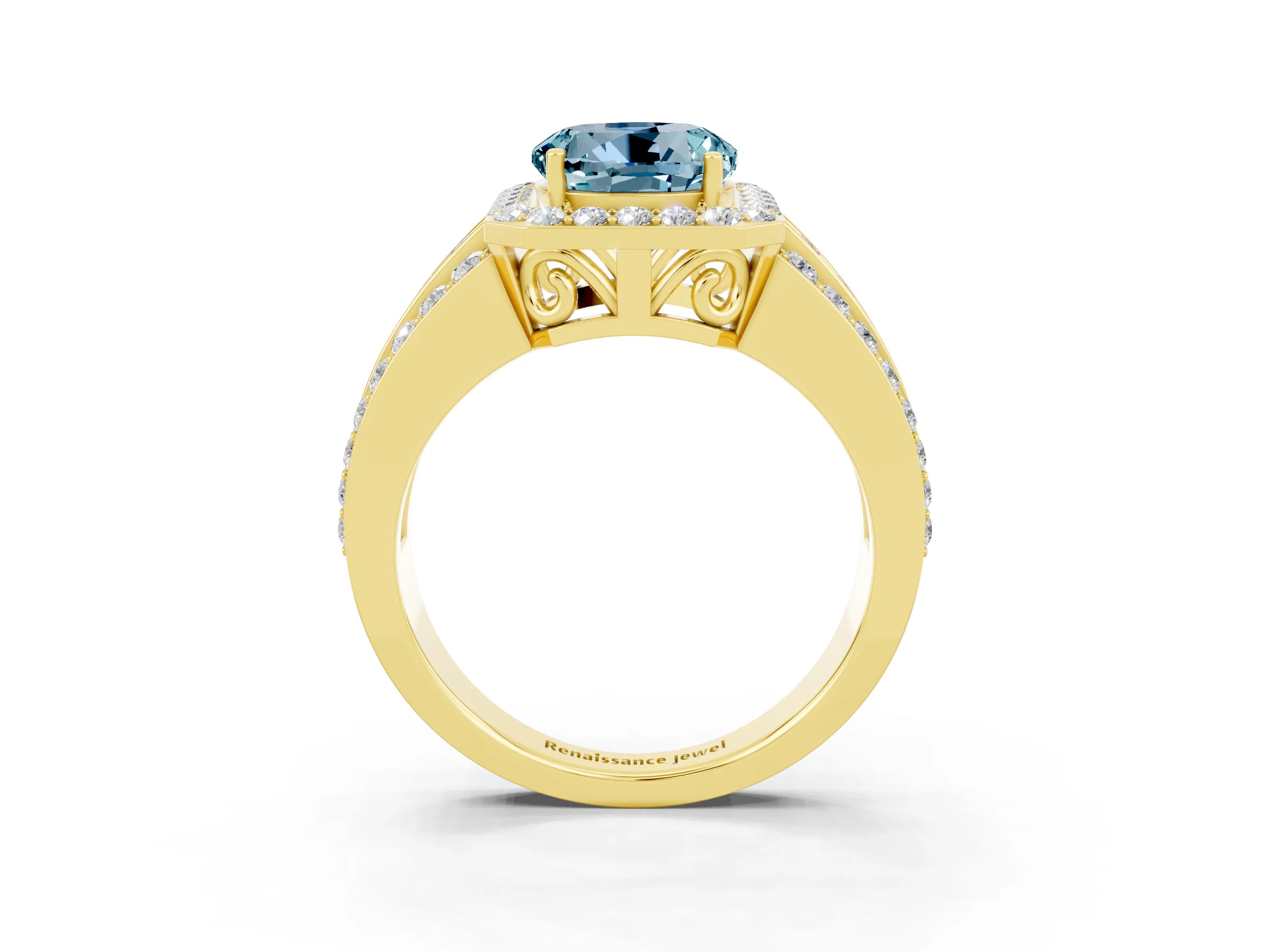 Yellow gold Round Cut Halo Aquamarine Ring with Split Shank and Four-Prong Setting_3