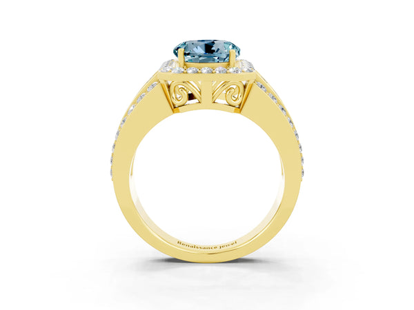 Yellow gold Round Cut Halo Aquamarine Ring with Round  Split Shank and Prong Setting