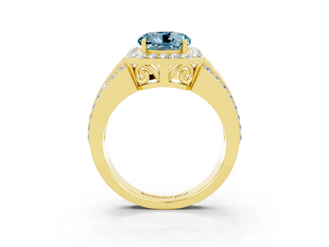Yellow gold Round Cut Halo Aquamarine Ring with Split Shank and Four-Prong Setting_3