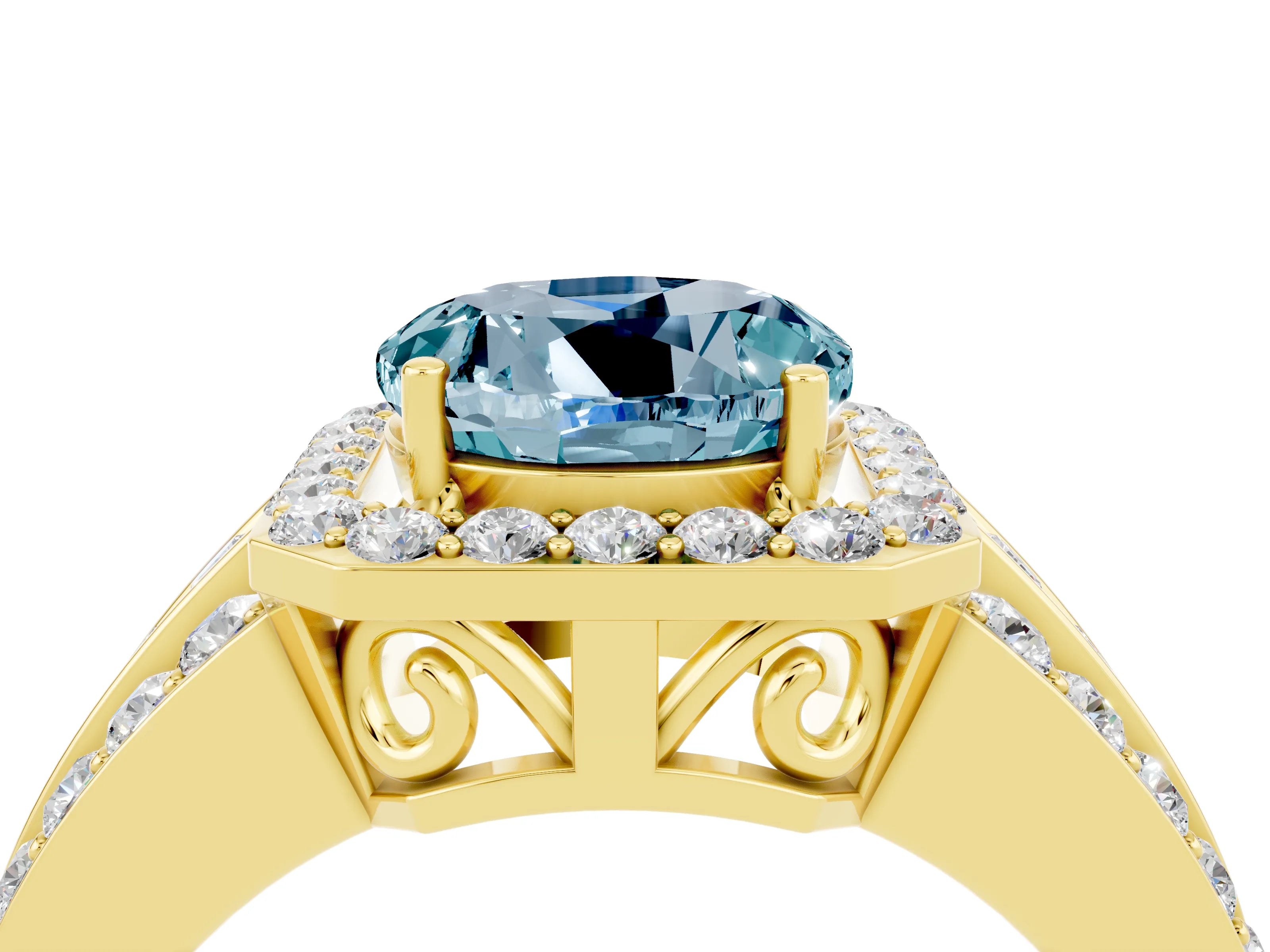 Yellow gold Round Cut Halo Aquamarine Ring with Split Shank and Four-Prong Setting_4