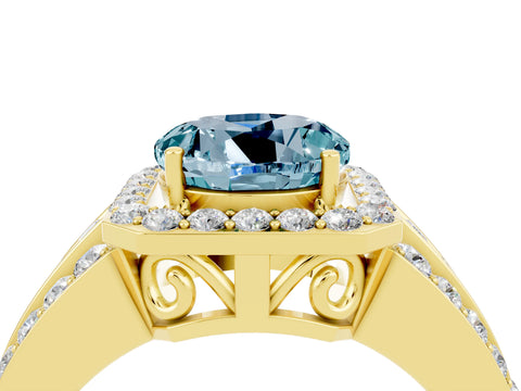 Yellow gold Round Cut Halo Aquamarine Ring with Split Shank and Four-Prong Setting_4