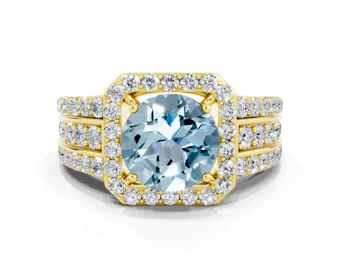 Yellow gold Round Cut Halo Aquamarine Ring with Split Shank and Four-Prong Setting