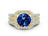 Yellow gold Round Cut Halo Blue Sapphire Ring with Split Shank and Four-Prong Setting