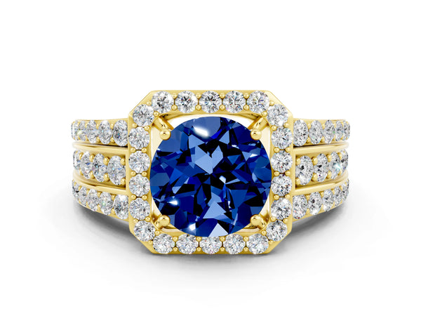 Yellow gold Round Cut Halo Blue Sapphire Ring with Round  Split Shank and Prong Setting