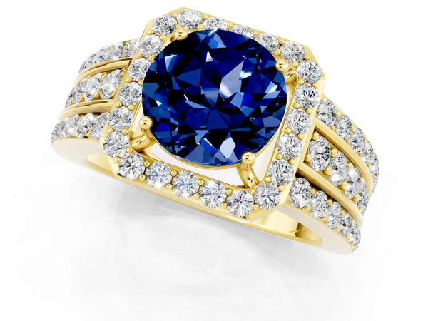 Yellow gold Round Cut Halo Blue Sapphire Ring with Round  Split Shank and Prong Setting