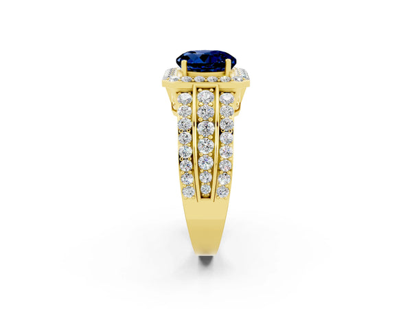 Yellow gold Round Cut Halo Blue Sapphire Ring with Round  Split Shank and Prong Setting