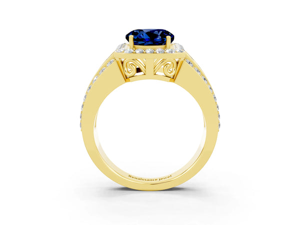 Yellow gold Round Cut Halo Blue Sapphire Ring with Round  Split Shank and Prong Setting