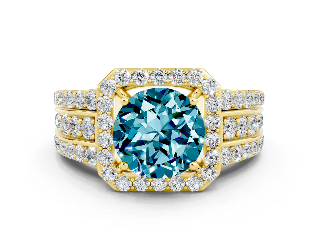 Yellow gold Round Cut Halo Blue Topaz Ring with Split Shank and Four-Prong Setting