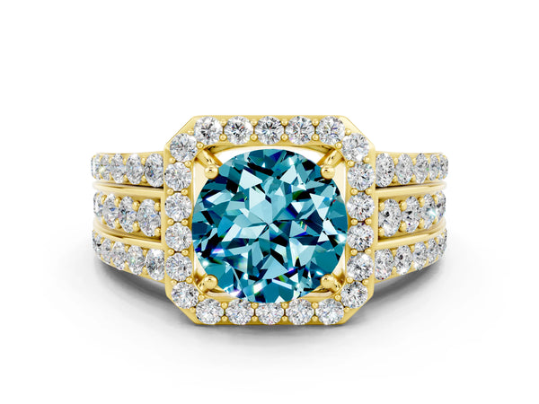 Yellow gold Round Cut Halo Blue Topaz Ring with Round  Split Shank and Prong Setting