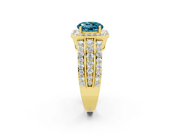 Yellow gold Round Cut Halo Blue Topaz Ring with Round  Split Shank and Prong Setting