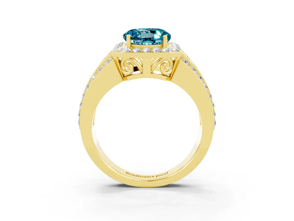 Yellow gold Round Cut Halo Blue Topaz Ring with Round  Split Shank and Prong Setting