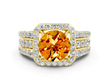 Yellow gold Round Cut Halo Citrine Ring with Split Shank and Four-Prong Setting
