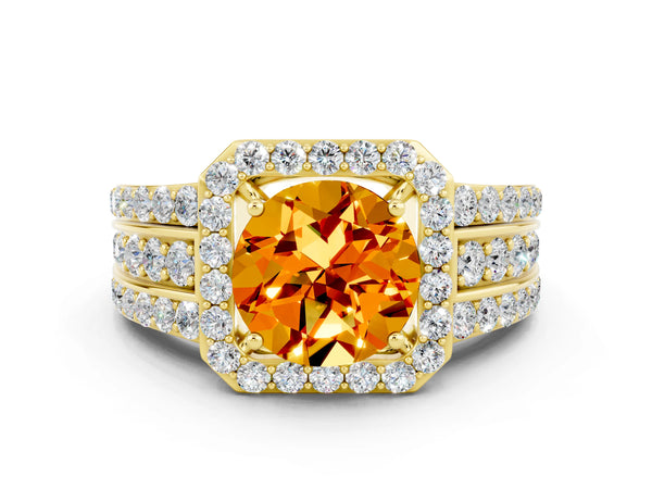 Yellow gold Round Cut Halo Citrine Ring with Round  Split Shank and Prong Setting