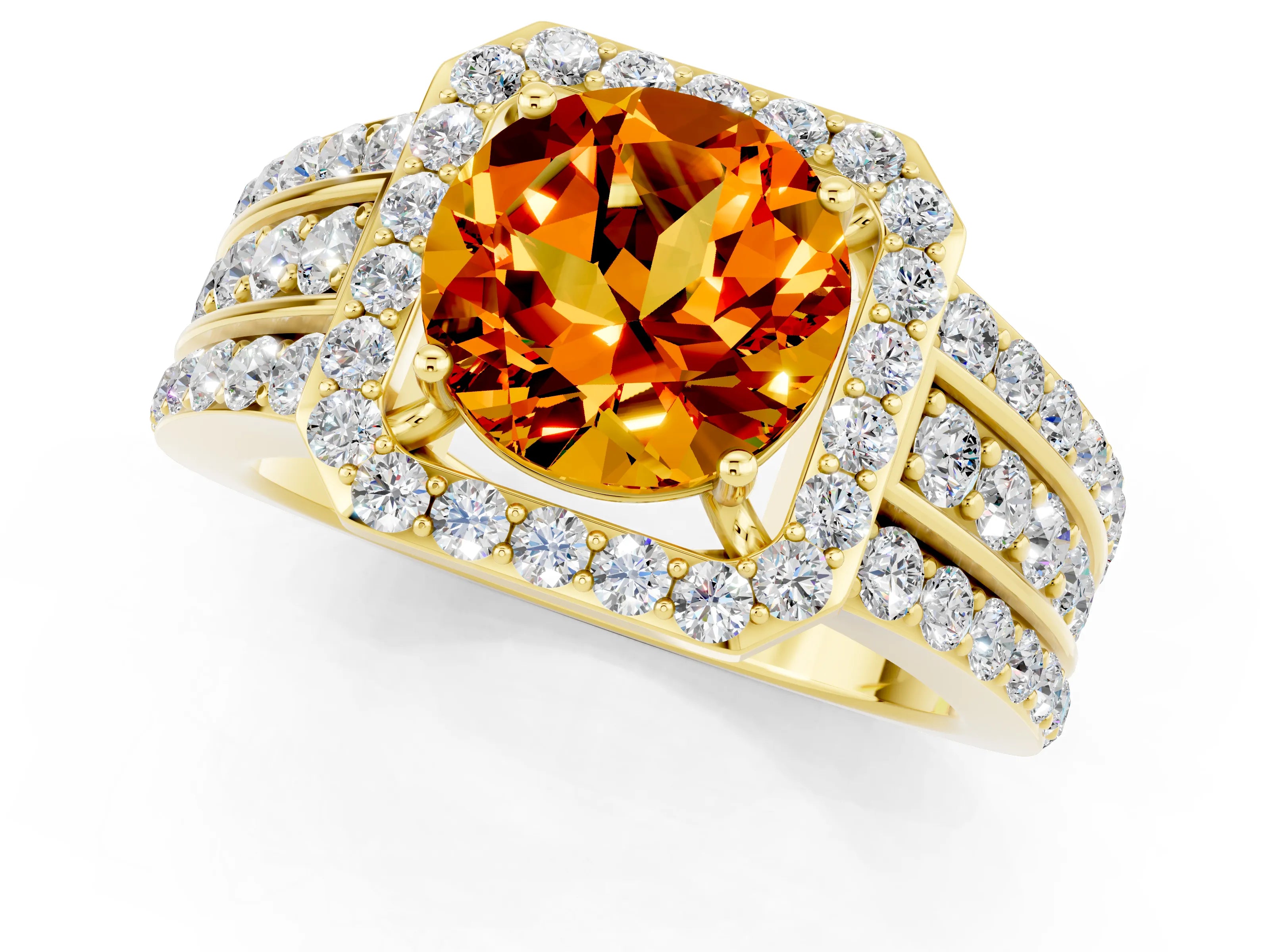 Yellow gold Round Cut Halo Citrine Ring with Split Shank and Four-Prong Setting_1