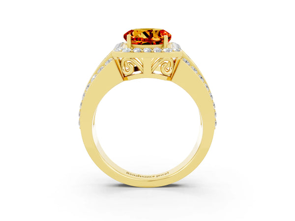 Yellow gold Round Cut Halo Citrine Ring with Round  Split Shank and Prong Setting