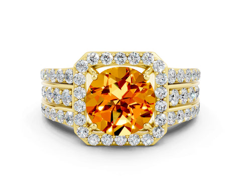 Yellow gold Round Cut Halo Citrine Ring with Split Shank and Four-Prong Setting