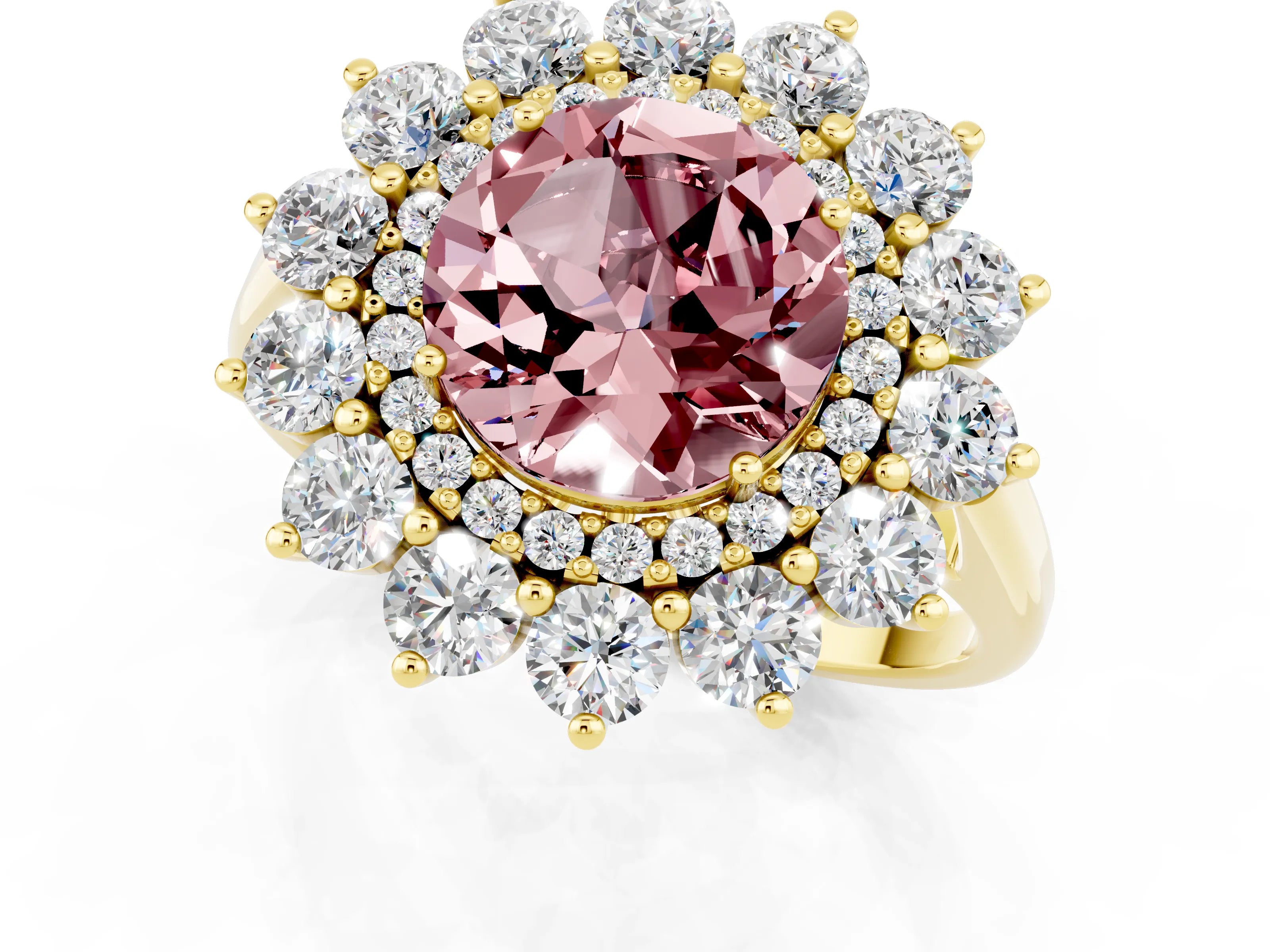 Yellow gold Round Cut Halo Cluster Diamond Ring with Pave Band and Four-Prong Setting_10