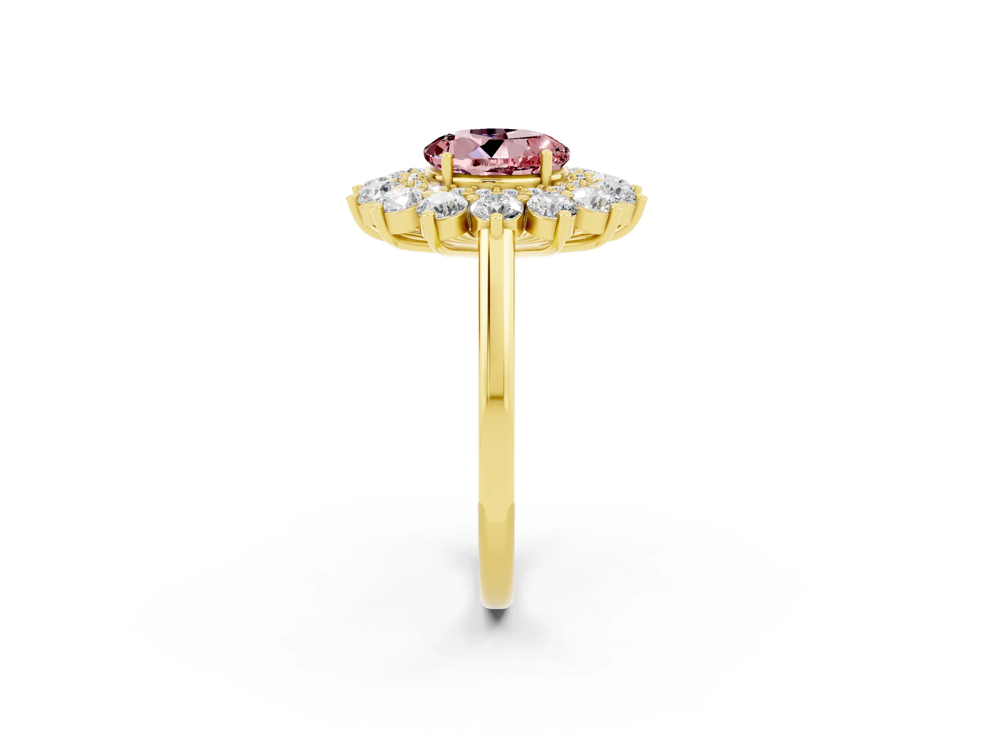 Yellow gold Round Cut Halo Cluster Diamond Ring with Pave Band and Four-Prong Setting_11