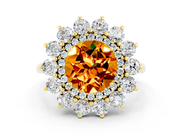 Yellow gold Round Cut Citrine Floral Double Halo Engagement Ring with Prong Setting