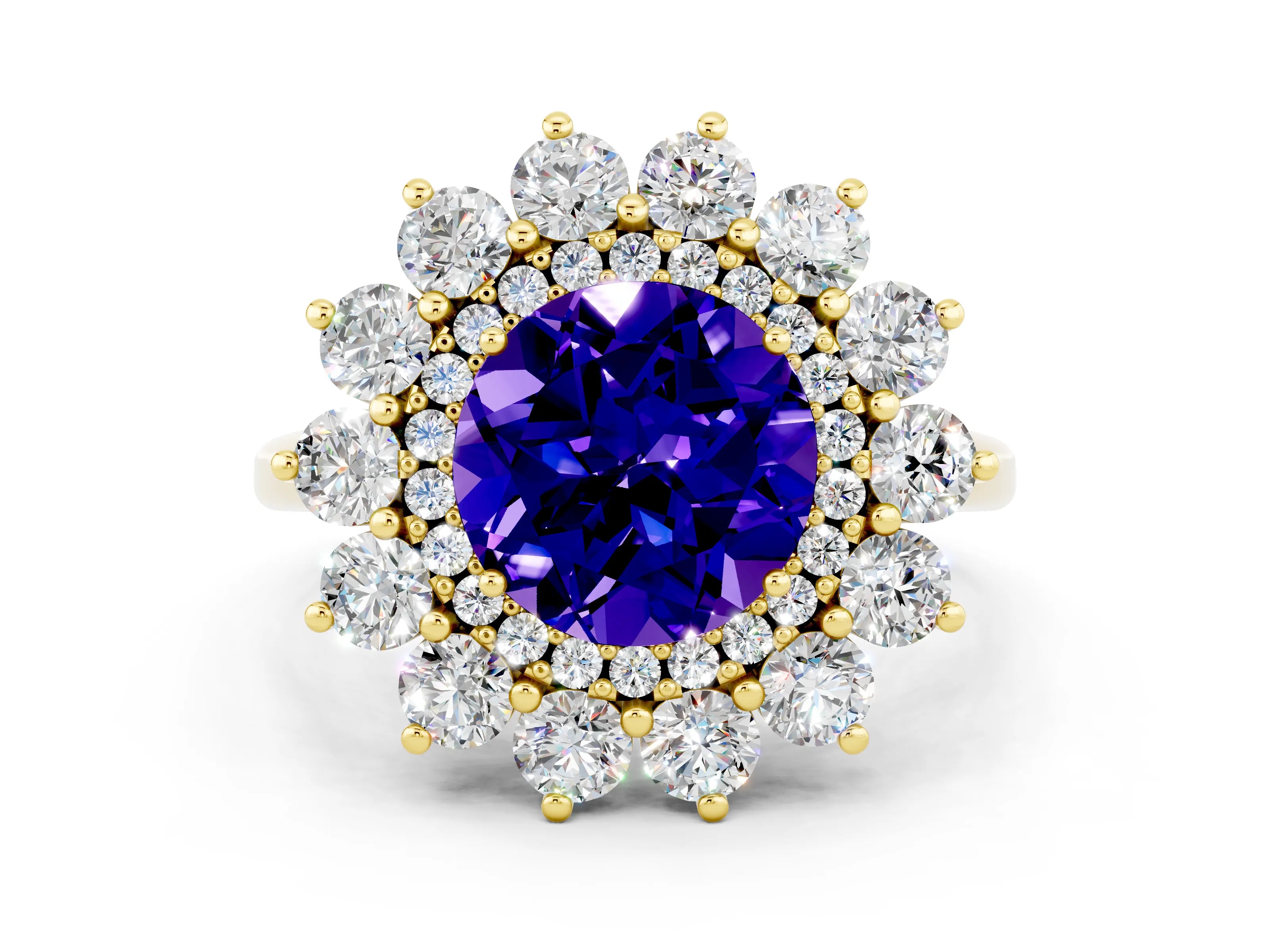 Yellow gold Round Cut Halo Cluster Diamond Ring with Pave Band and Four-Prong Setting_12