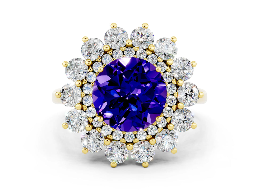 Yellow gold Round Cut Halo Cluster Diamond Ring with Pave Band and Four-Prong Setting_12