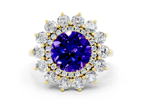 Yellow gold Round Cut Halo Cluster Diamond Ring with Pave Band and Four-Prong Setting_12