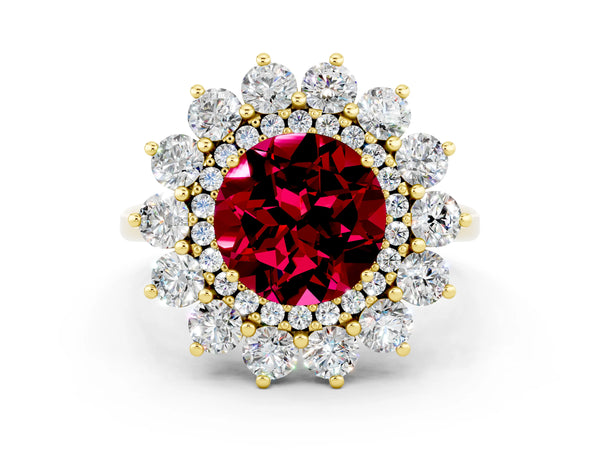 Yellow gold Round Cut Garnet Floral Double Halo Engagement Ring with Prong Setting