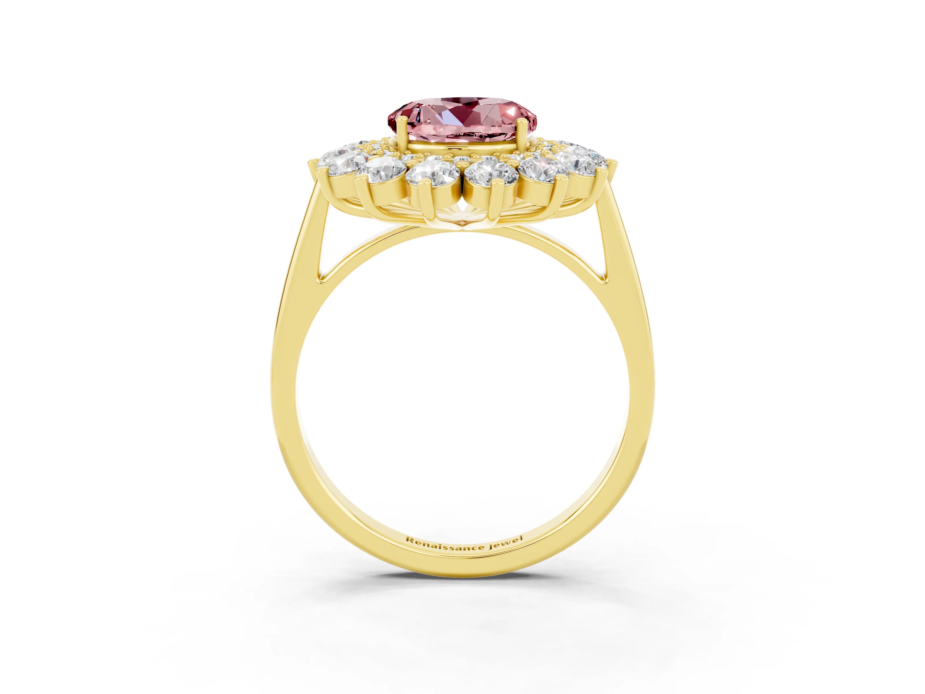 Yellow gold Round Cut Halo Cluster Diamond Ring with Pave Band and Four-Prong Setting_12