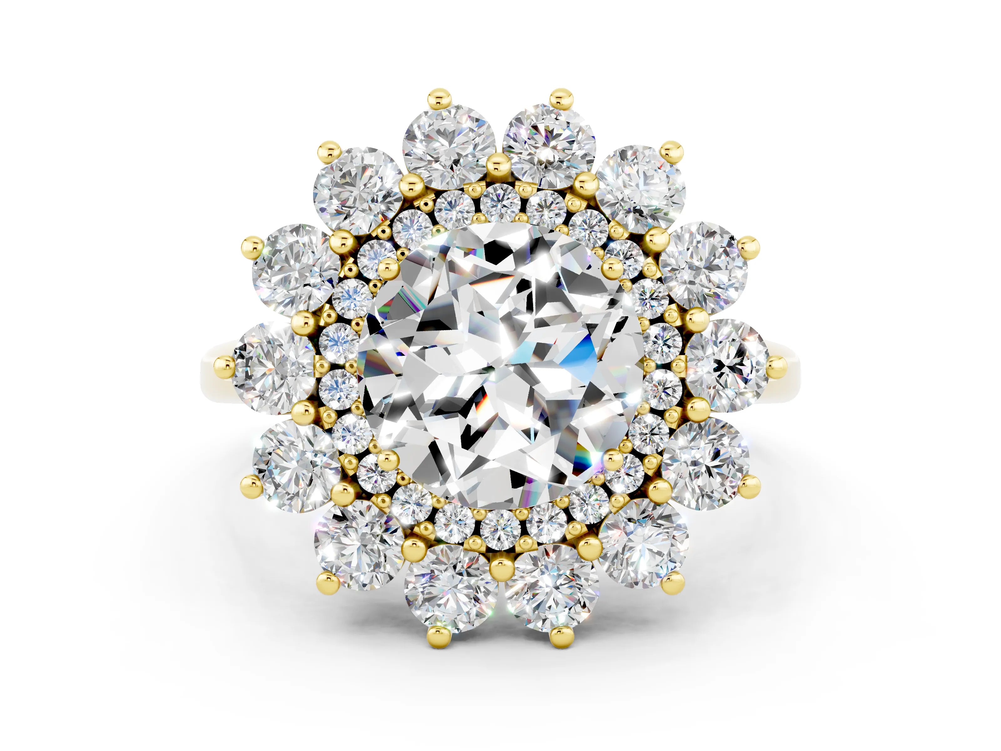 Yellow gold Round Cut Halo Cluster Diamond Ring with Pave Band and Four-Prong Setting_12