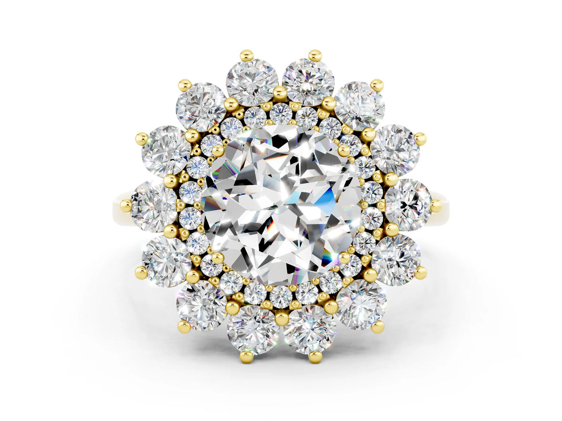 Yellow gold Round Cut Halo Cluster Diamond Ring with Pave Band and Four-Prong Setting_12