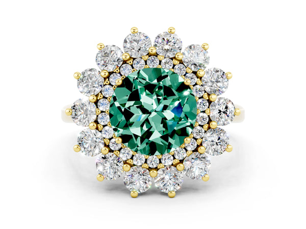 Yellow gold Round Cut Green Sapphire Floral Double Halo Engagement Ring with Prong Setting