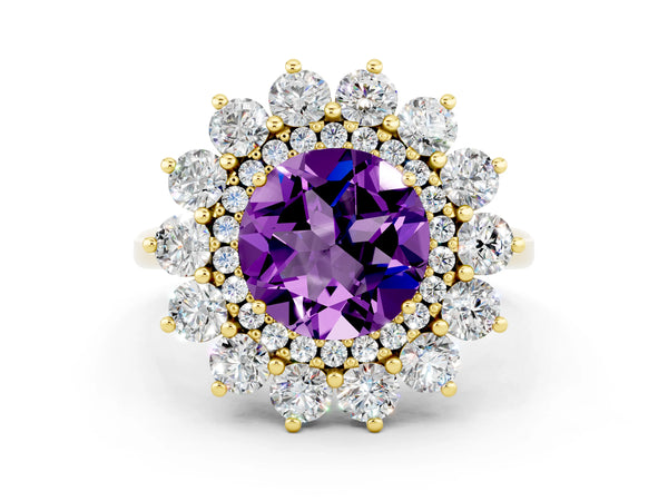 Yellow gold Round Cut Amethyst Floral Double Halo Engagement Ring with Prong Setting