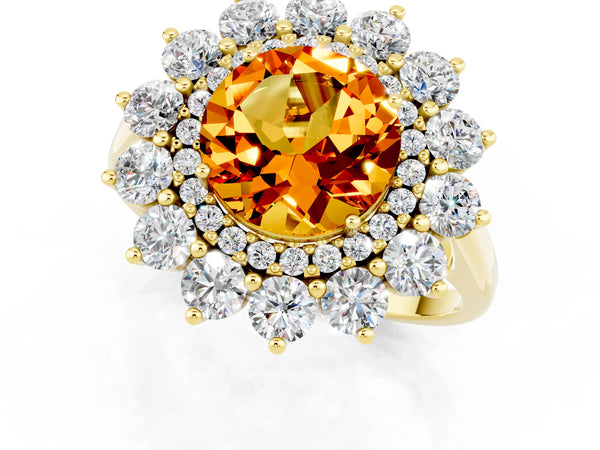 Yellow gold Round Cut Citrine Floral Double Halo Engagement Ring with Prong Setting