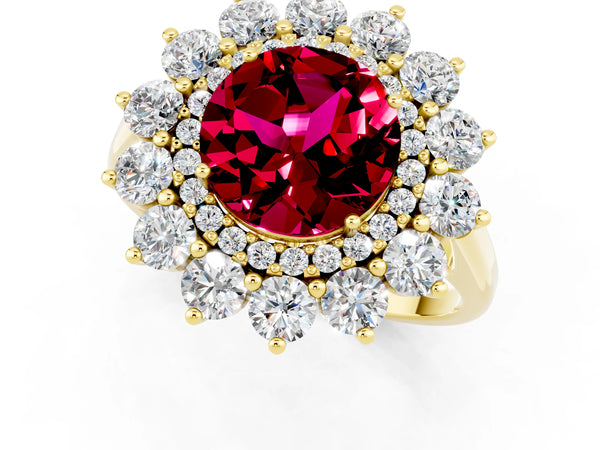 Yellow gold Round Cut Garnet Floral Double Halo Engagement Ring with Prong Setting