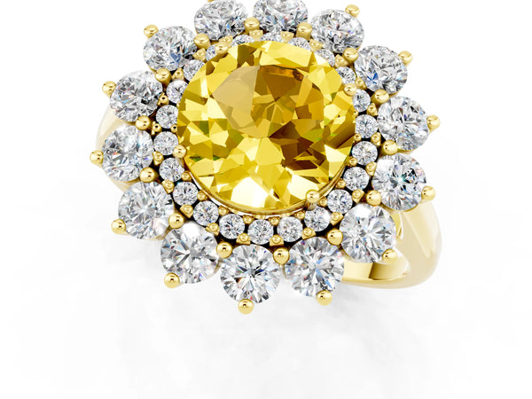 Yellow gold Round Cut Yellow Sapphire Floral Double Halo Engagement Ring with Prong Setting