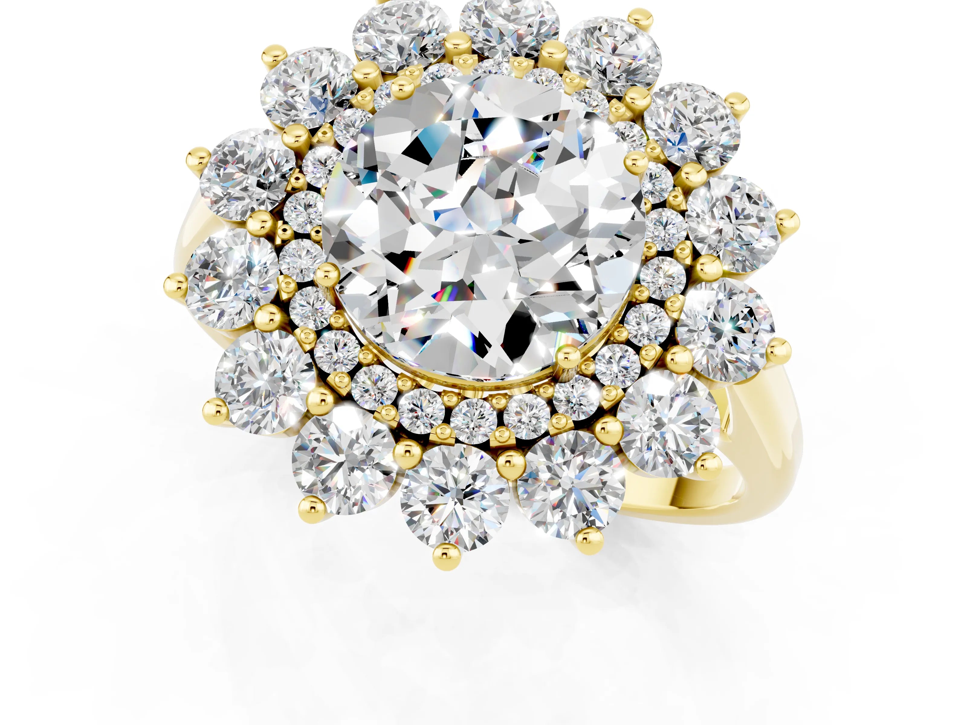 Yellow gold Round Cut Halo Cluster Diamond Ring with Pave Band and Four-Prong Setting_13