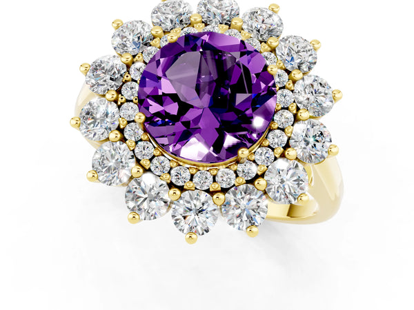 Yellow gold Round Cut Amethyst Floral Double Halo Engagement Ring with Prong Setting
