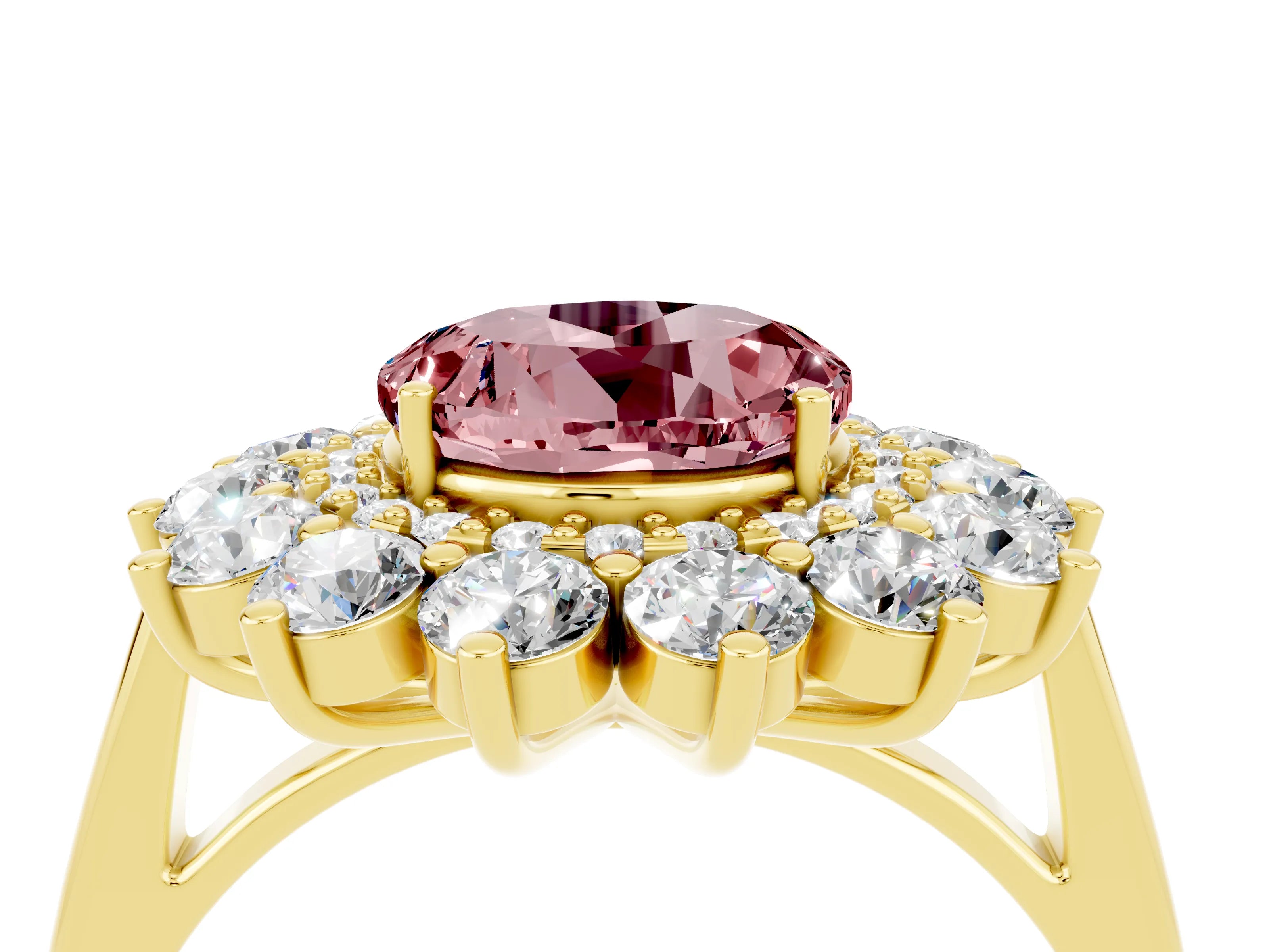 Yellow gold Round Cut Halo Cluster Diamond Ring with Pave Band and Four-Prong Setting_13