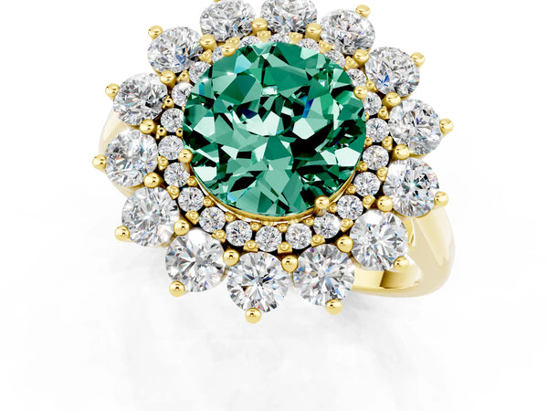 Yellow gold Round Cut Green Sapphire Floral Double Halo Engagement Ring with Prong Setting
