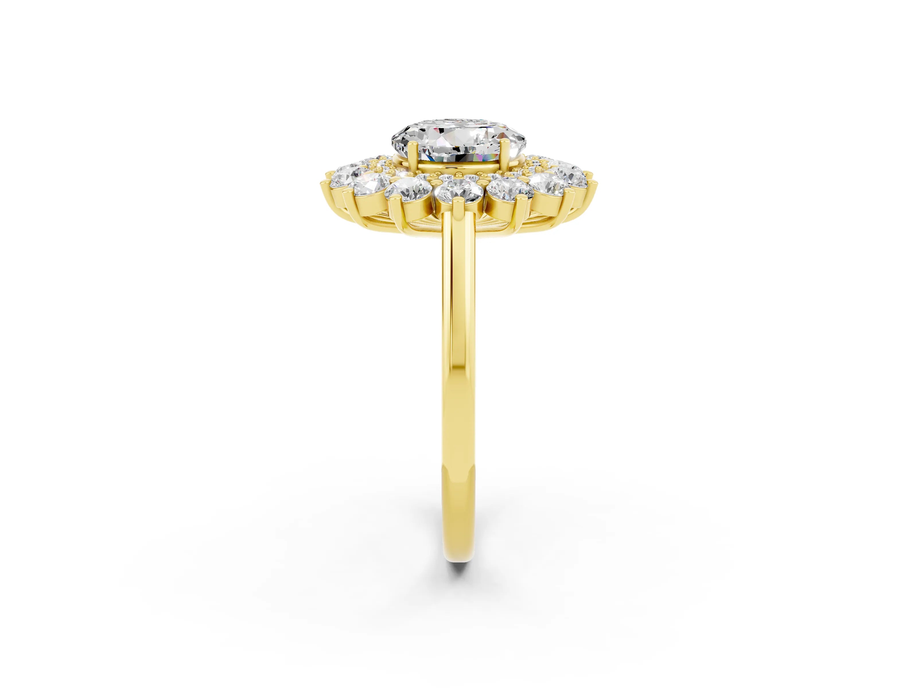 Yellow gold Round Cut Halo Cluster Diamond Ring with Pave Band and Four-Prong Setting_14