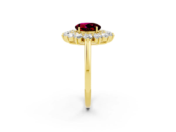 Yellow gold Round Cut Garnet Floral Double Halo Engagement Ring with Prong Setting