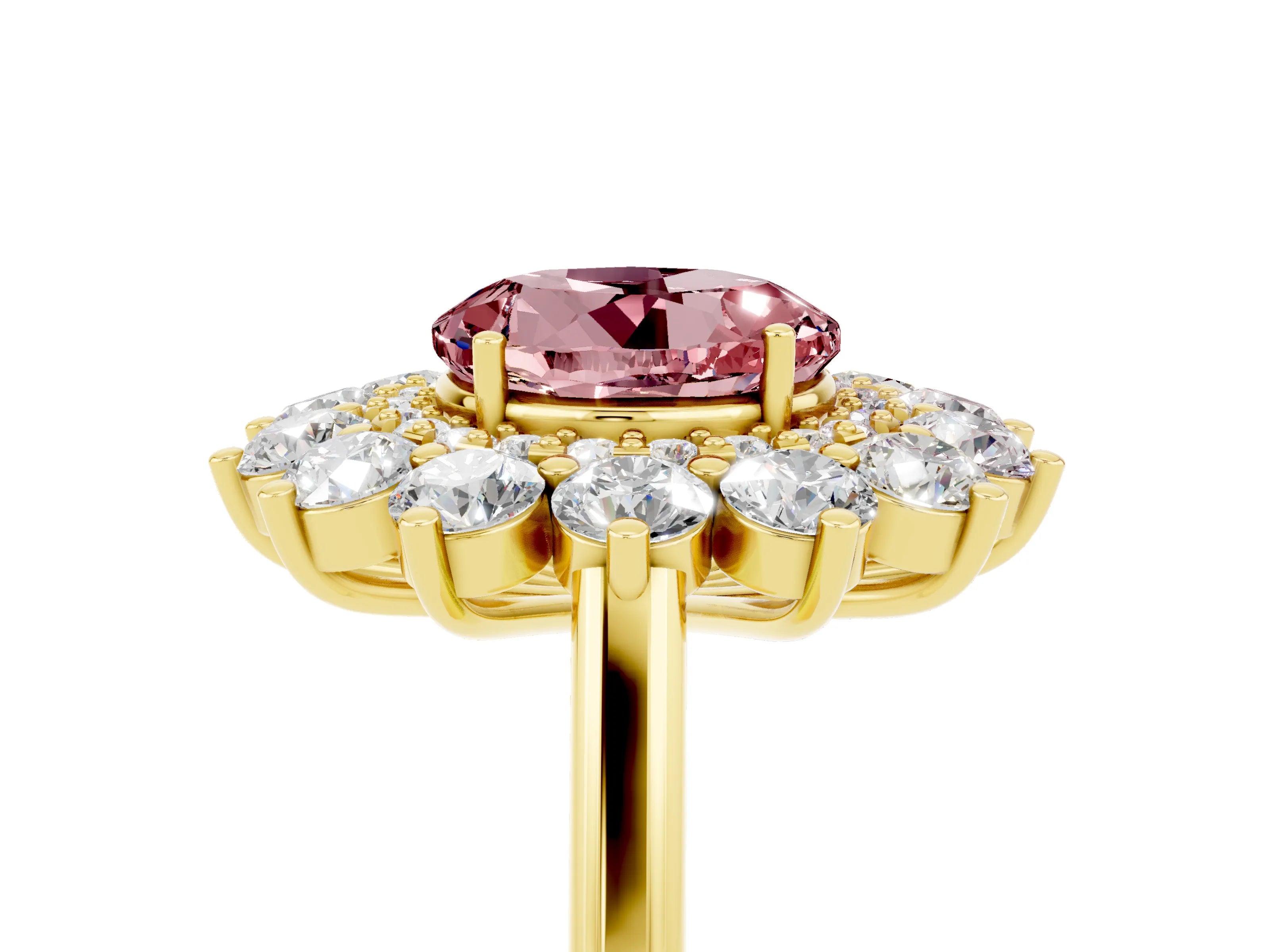 Yellow gold Round Cut Halo Cluster Diamond Ring with Pave Band and Four-Prong Setting_14